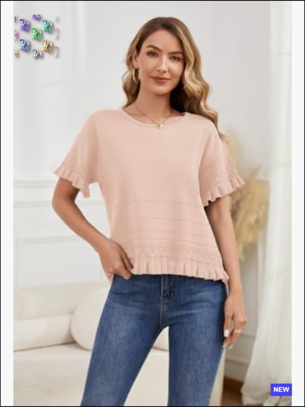 Oversized Knit Cropped Sweater Short Sleeve Crewneck Ruffle Hem Blouse - Picture 6 of 7